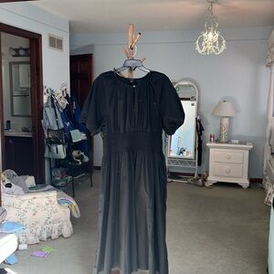 J Crew size 2x black cotton dress with puff sleeves, and cinched waist